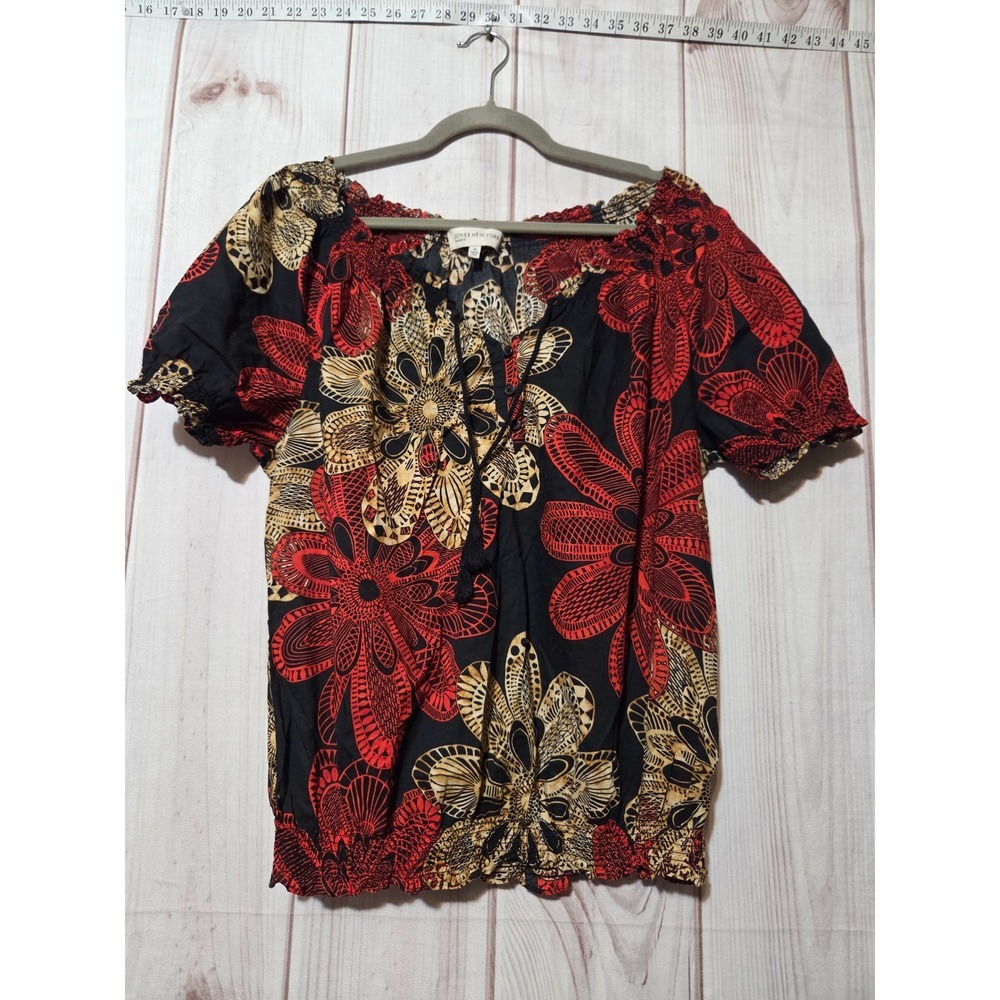 Jones New York Sport Womens XL Floral Batik Smocked Off Shoulder Cotton Blouse